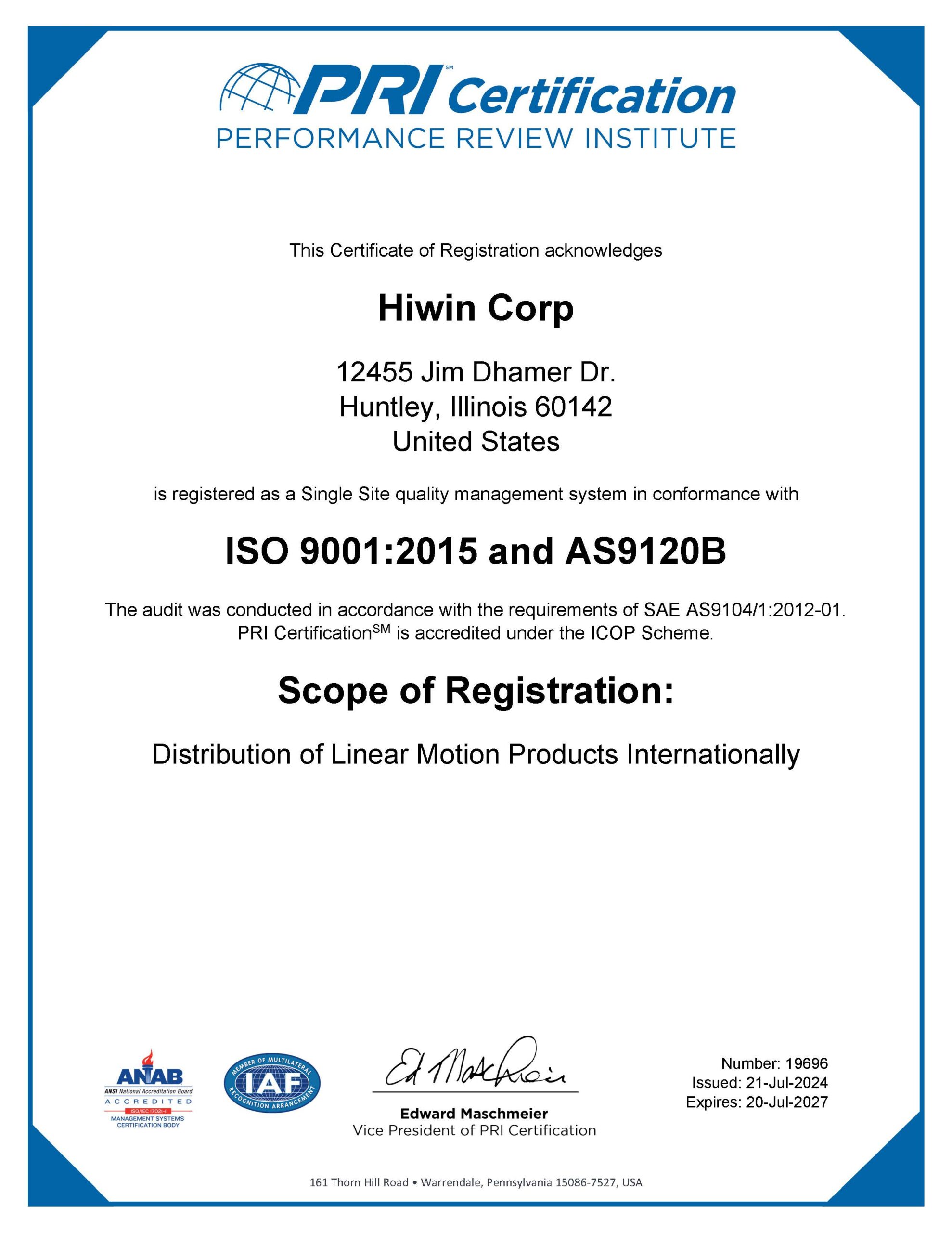 HIWIN Corporation, ISO9001:2015 and AS9120B. Huntley USA ISO Certificate